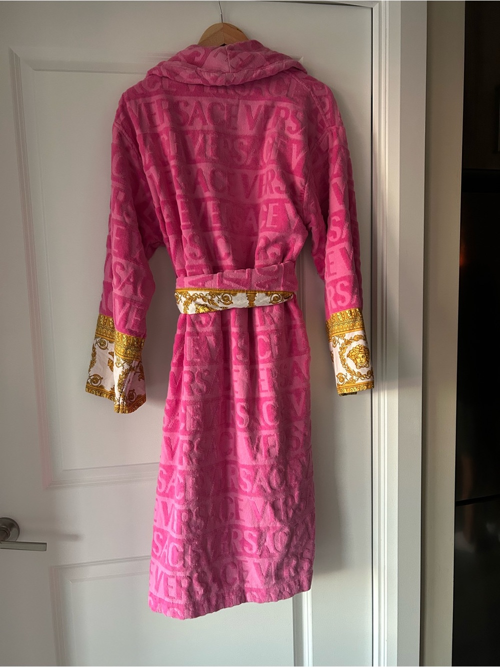 Versace Kids Hot Pink Hooded Robe with Gold Baroque Trim